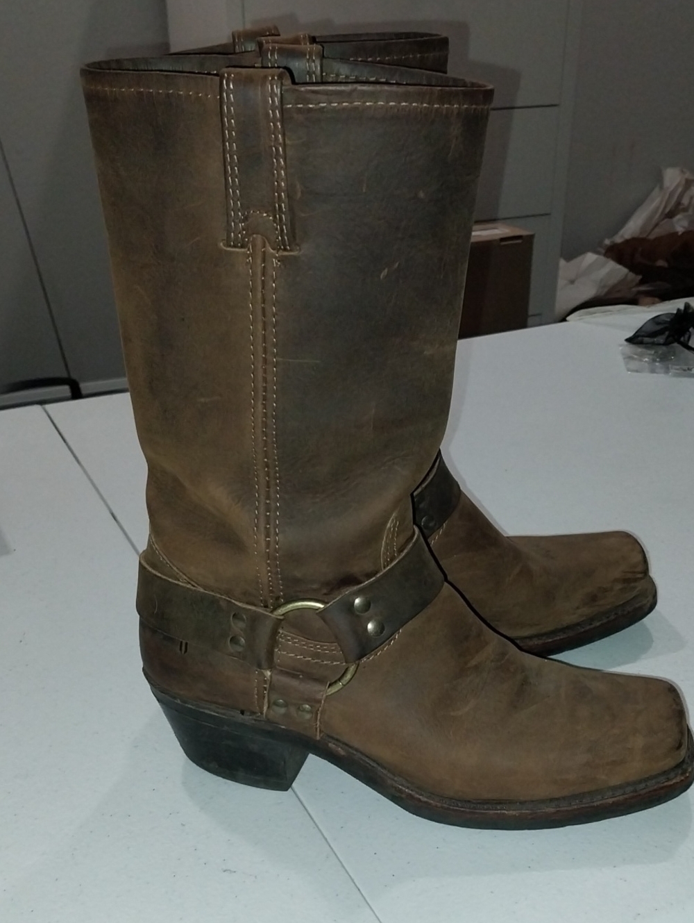 Frye Brown Leather Harness Mid-Calf Boots